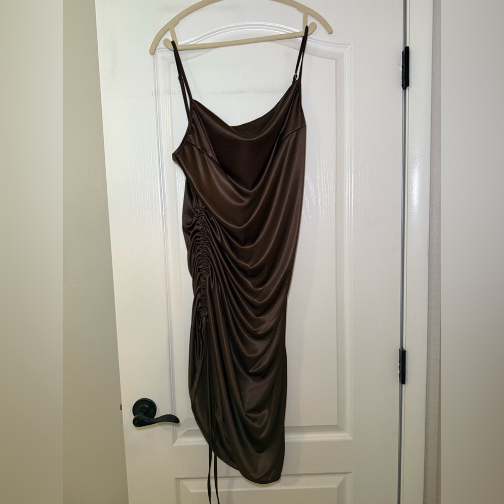 Brown Asymmetrical Ruched Cocktail Dress
